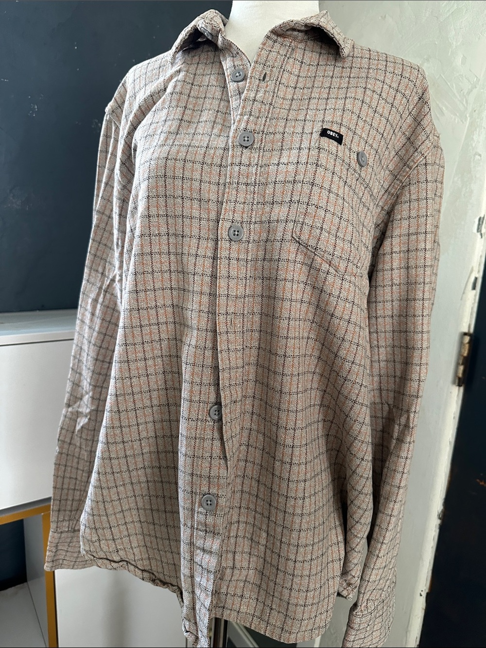 Obey Grey/Beige Plaid Button-Up Shirt Large